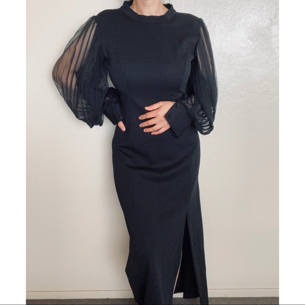 Vintage black pleated puff sleeve maxi dress/gown